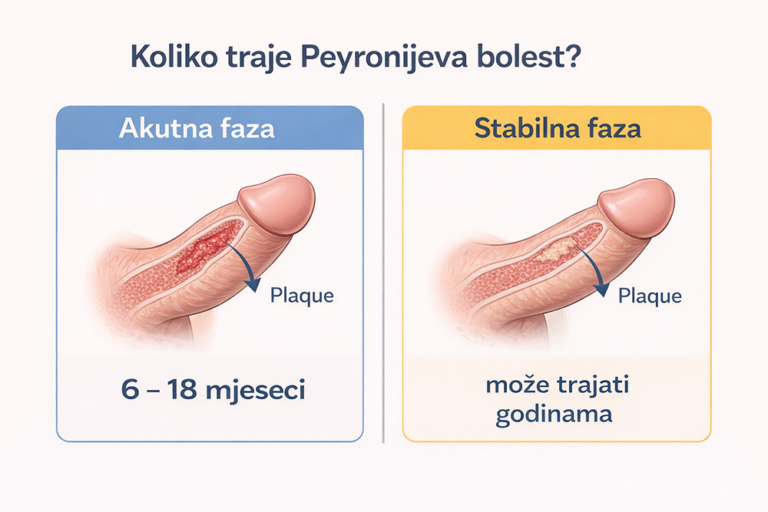 Akutna i stabilna faza Peyronijeve bolesti s prikazom plaka (Plaque) i trajanja bolesti