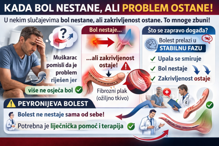 Infografika koja prikazuje da kod Peyronijeve bolesti bol može nestati, ali zakrivljenost ostaje jer bolest prelazi u stabilnu fazu i formira se fibrozni plak (ožiljno tkivo).