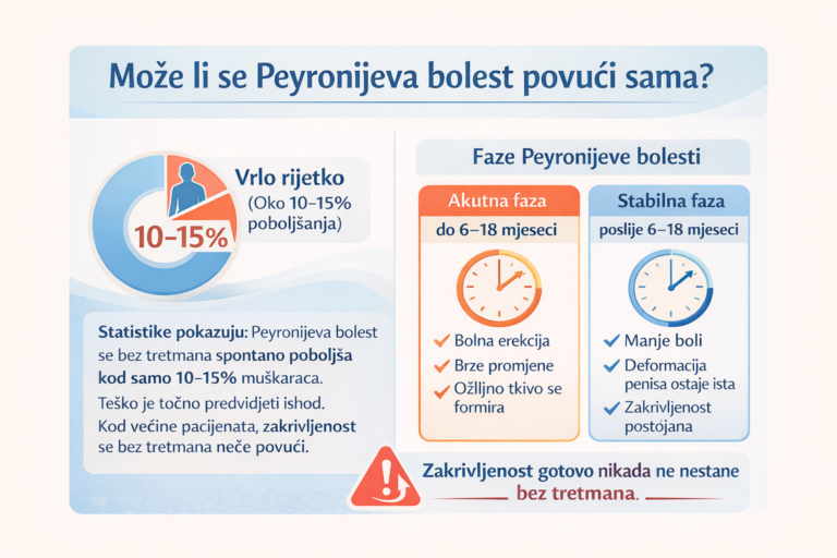 Može li se Peyronijeva bolest povući sama – infografika koja prikazuje da se spontano poboljšanje javlja kod 10–15% muškaraca te da bolest traje 6 do 18 mjeseci prije stabilne faze