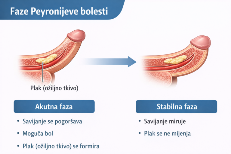 Akutna i stabilna faza Peyronijeve bolesti s prikazom razvoja plaka i zakrivljenosti penisa
