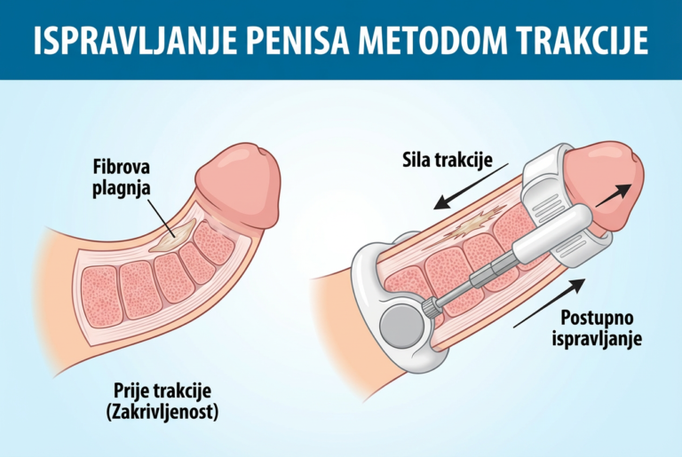 Prikaz principa trakcije kod Peyronijeve bolesti – kontrolirano istezanje penisa potiče regeneraciju tkiva, poboljšava cirkulaciju i može postupno smanjiti zakrivljenost uzrokovanu fibrozni plakom.