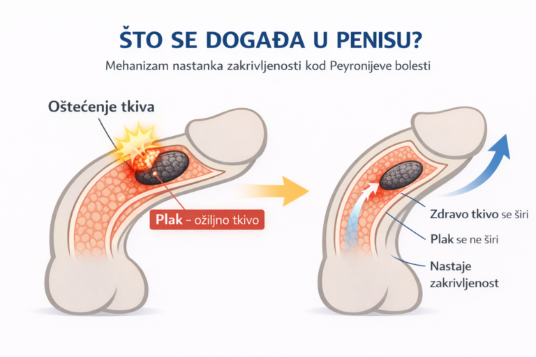Oštećenje tkiva penisa i nastanak plaka koji uzrokuje zakrivljenost kod Peyronijeve bolesti