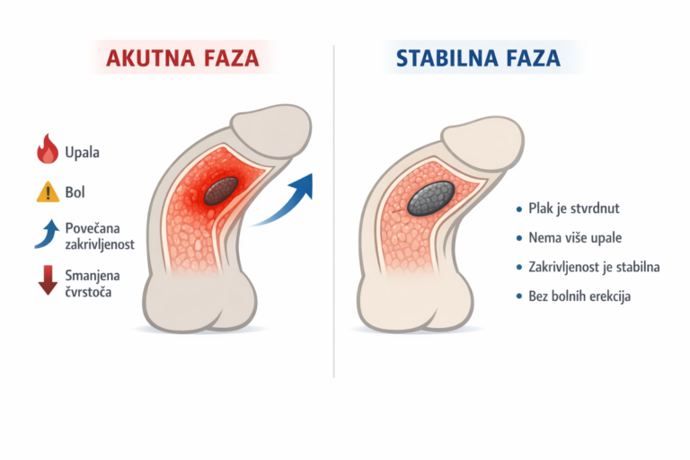 Akutna i stabilna faza Peyronijeve bolesti – prikaz upale, plaka i stabilizirane zakrivljenosti penisa