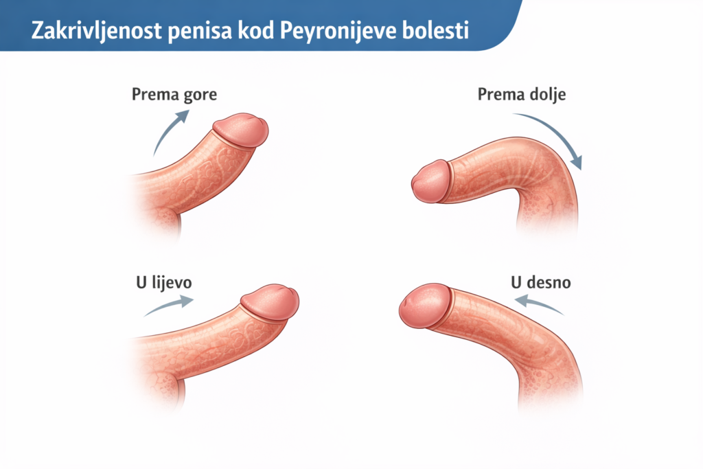 Smjerovi zakrivljenosti penisa kod Peyronijeve bolesti – prema gore, dolje, lijevo i desno.