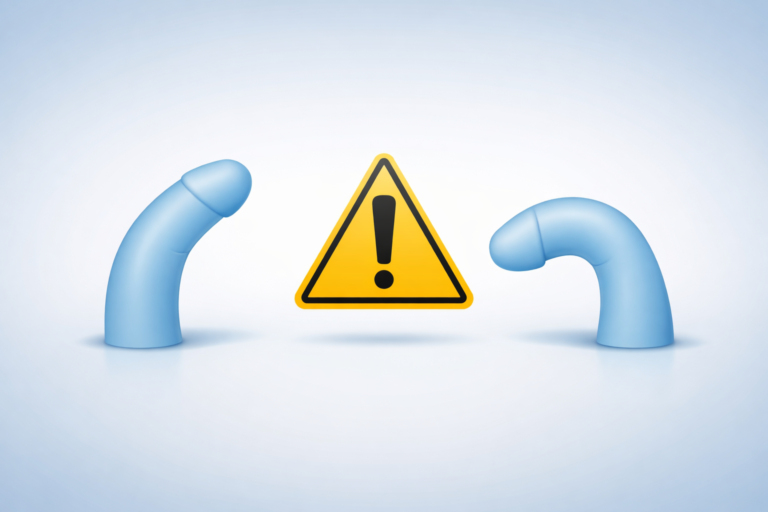 ilustracija zakrivljenosti penisa s upozorenjem na pogoršanje Peyronijeve bolesti