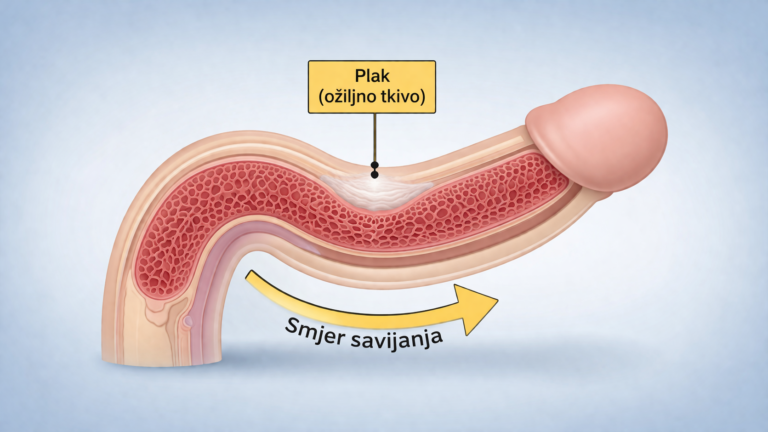 plak (ožiljno tkivo) uzrokuje zakrivljenost penisa i određuje smjer savijanja
